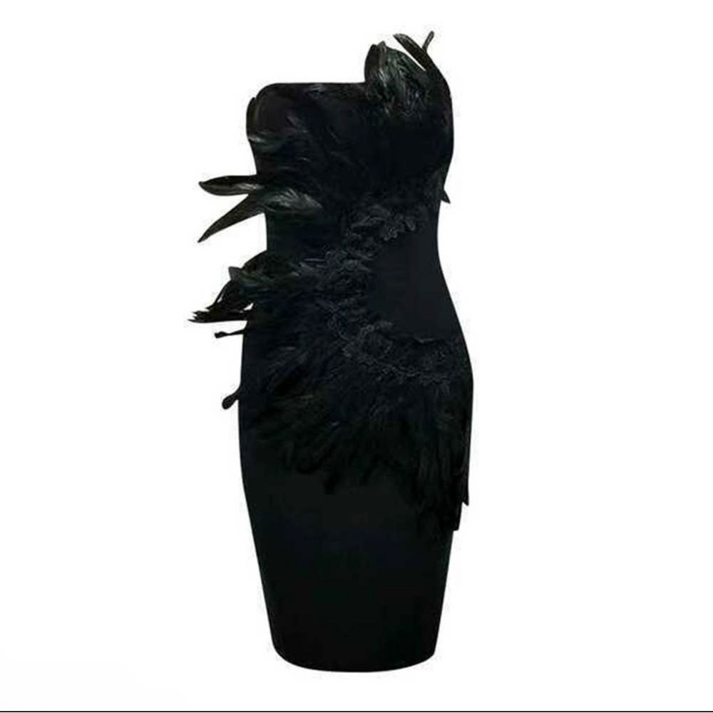 Boutique Black Feather Strapless Dress | Luxury Evening Cocktail Dress | M–L - Picture 4 of 11